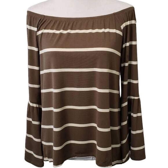 Chaser Bell Sleeve Knit Tunic Size M Olive Stripe Elasticized Neck NEW - Picture 1 of 7